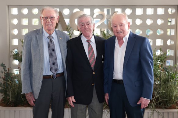Ken Rosewall, Frank Sedgman and Rod Laver in O during the 2026 Australian Open at Melbourne Park Wednesday.