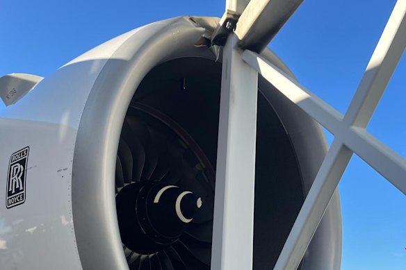Part of an aerobridge hit a Qantas A380’s engine at Sydney Airport on Saturday morning.