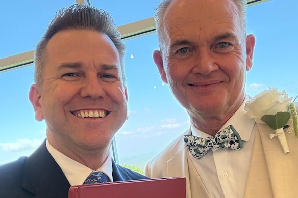 Queensland Deputy Premier Jarrod Bleijie and Public Sector Commissioner David Mackie at the latter’s wedding in April, in which Bleijie acted as a celebrant in a “private capacity”.
