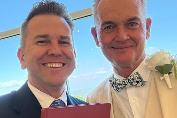 Queensland Deputy Premier Jarrod Bleijie and Public Sector Commissioner David Mackie at the latter’s wedding in April, in which Bleijie acted as a celebrant in a “private capacity”.