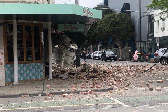 Damage on a Chapel Street building in Melbourne.