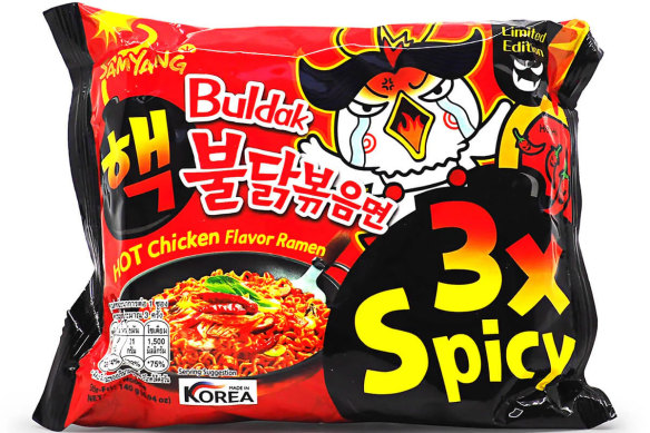 Buldak’s triple spicy ramen noodles, with crying chicken.