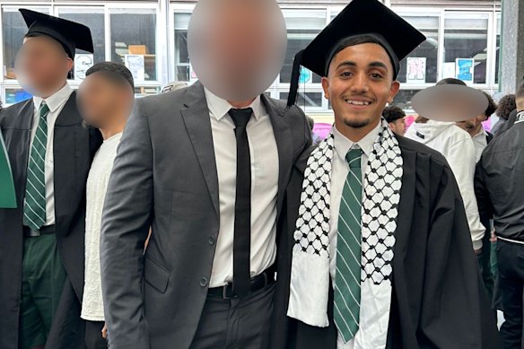 Jad Salamah wears the scarf depicting the keffiyeh pattern on his graduation day at Condell Park High School in September 2024.