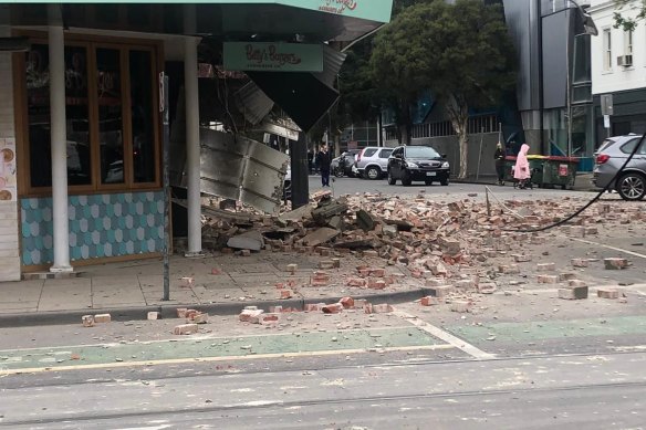 Damage on a Chapel Street building in Melbourne.