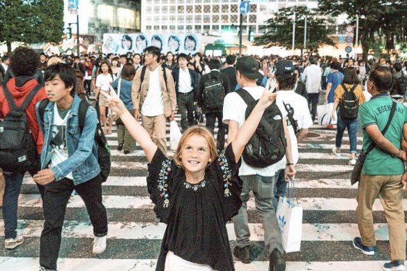 Emmie at the Shibuya crossing in Tokyo.