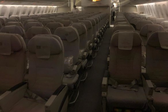 An Emirates flight to Perth, Australia in May 2021 showing empty seats as a result of flight caps.
