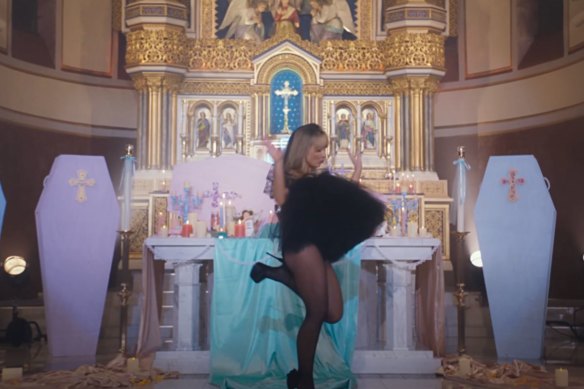 Sabrina Carpenter in Our Lady of Mount Carmel-Annunciation Parish, Brooklyn, New York.