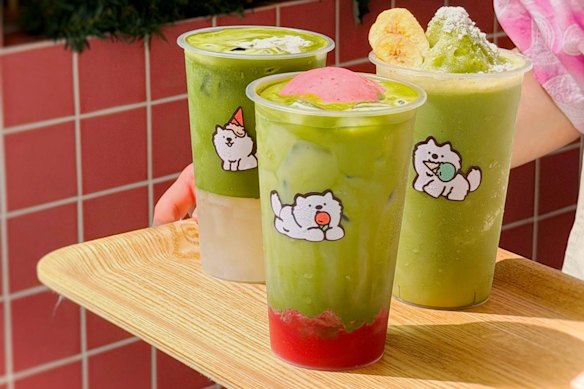 Matcha floats at Suntivatana’s vegan gelato shop Suga Rays, 