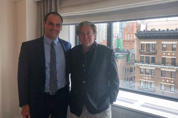 Brazilian congressman Eduardo Bolsonaro, left, meets former Trump chief strategist Steve Bannon in New York in the lead-up to his father’s presidential election win in 2018. 