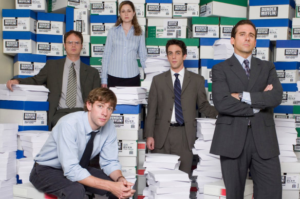 The US version of The Office (from left):  John Krasinski, Rainn Wilson, Jenna Fischer, B.J. Novak and Steve Carell.  