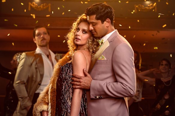 Jess Vickers as Daisy Buchanan  and Shiv Palekar as Jay Gatsby in Queensland Theatre’s The Great Gatsby. 