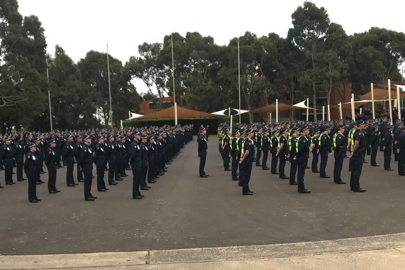 Police and Protective Services Officer recruits, instructors and staff at the Victoria Police Academy held a minute's silence on Thursday.