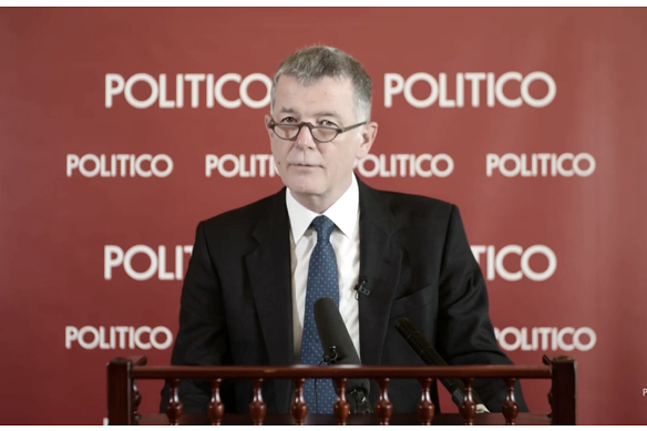 MI6 chief Richard Moore speaking at the British Embassy in Prague, Czech Republic, at an event hosted by Politico.