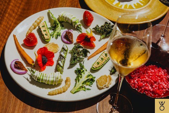 A painterly plate of “seasonal vegetables with Tony’s ferments” served at Sixpenny.