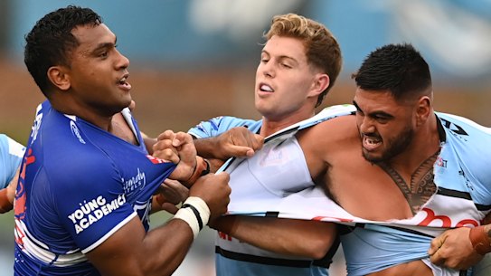 Royce Hunt and Tevita Pangai Junior stink in Cronulla v Canterbury Bulldogs NRL trial