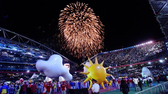 Fireworks herald the end of the Sydney Olympics closing ceremony on October 1, 2000.