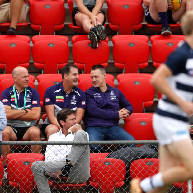 Gillon McLachlan  (front and centre, in the white shirt) at an AFLX match, a 2017 innovation to the code.