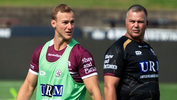 Daly Cherry-Evans and Anthony Seibold at Manly training.