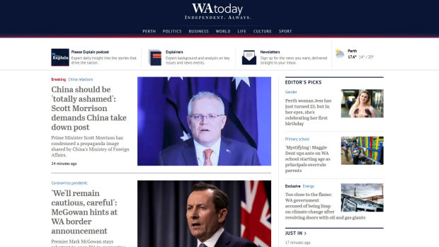 WAtoday's new homepage as of November 30, 2020.