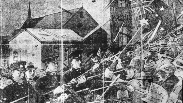 Police with bayonets stood between armed pro-British protesters and Russian refugees on the streets of South Brisbane  in the Red Flag riots of 1919.