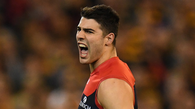 Christian Petracca after kicking a goal against Hawthorn in the first semi-final.