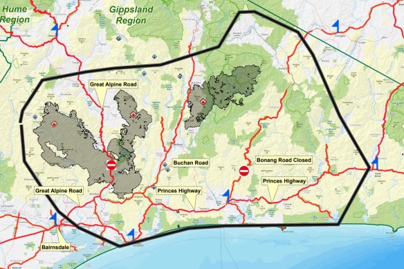 The area of East Gippsland, highlighted with the black line, likely to be affected by fires on Monday.