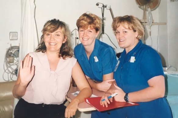 Australian College of Nursing Director of Education Yvonne Mckinlay, left, with colleagues on the ward in the early 1990s at the Prince of Wales Hospital.