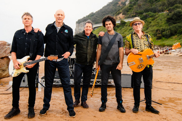 Midnight Oil’s Martin Rotsey, Peter Garrett, Rob Hirst, touring member Adam Ventoura and Jim Moginie on the set of The Sound, airing Sunday on ABC.
