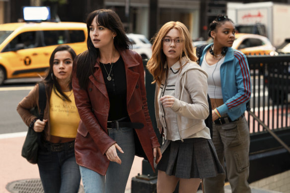 Isabela Merced (left), Dakota Johnson, Sydney Sweeney and Celeste O’Connor in Madame Web.