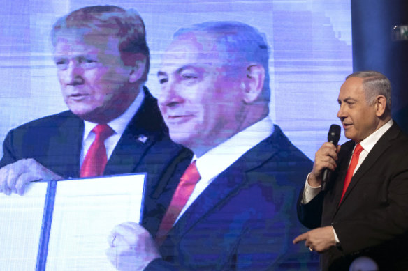 US President Donald Trump, pictured here with Israeli Prime Minister Benjamin Netanyahu, released a "peace plan" written without consultation with Palestinian representatives. It recognises Jerusalem as the capital of Israel.