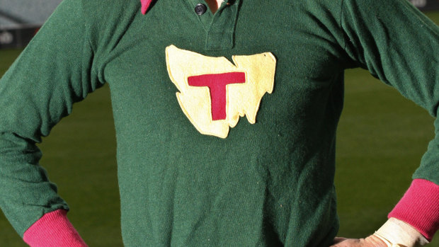 Matthew Richardson poses in a rare Tasmania jumper in May 2008.