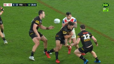 Nathan Cleary did not use much force with this shot on Jack Bird.