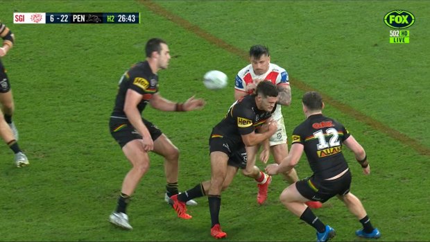 Nathan Cleary did not use much force with this shot on Jack Bird.