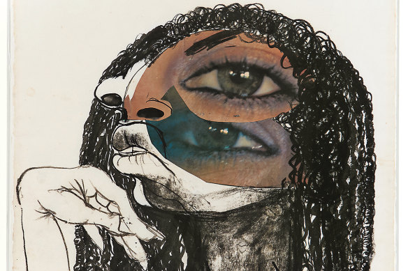 Brett Whiteley, Anna Elenberg, 1987–1991, (cropped and reworked from Anna Weis, 1984), pencil, charcoal, pen and black ink, collage on ivory paper, 36.0 × 42.8 cm. 
