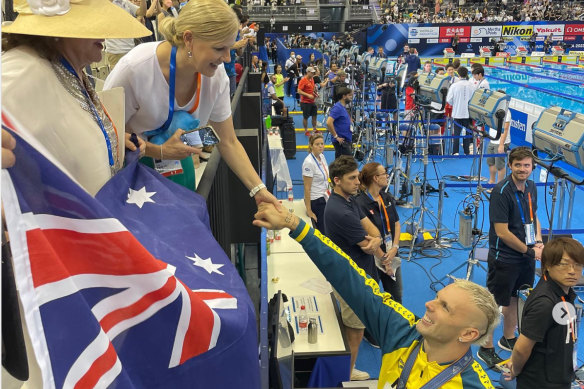 Kyle Chalmers and Gina Rinehart (left, in hat) at the world championships last year.