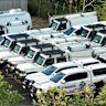 Queensland Police cars in a Brisbane depot, awaiting work by the organisation’s Fleet Services Group, July 2025.