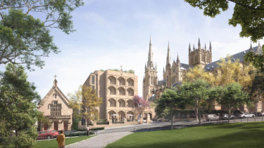 An artist impression of the Chancery building, which the Catholic Archdiocese of Sydney wants to build next to St Mary’s Cathedral.
