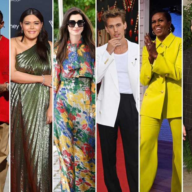 The most stylish people of 2022. Florence Pugh, Lewis Hamilton, Nakkiah Lui, Anne Hathaway, Austin Butler, Michelle Obama, Chris Pine, Amy Taylor.