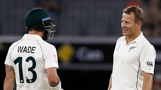 Neil Wagner and Matt Wade share some words in a heated final hour. 