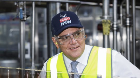 Scott Morrison is popping up everywhere: The PM at Tooheys Brewery in Lidcombe on Thursday.