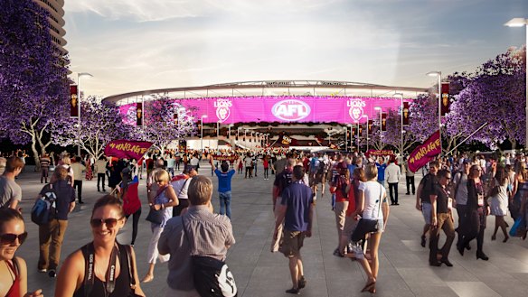 An artist’s impression of the proposed redesign of the Gabba, released by the Premier in May 2021.