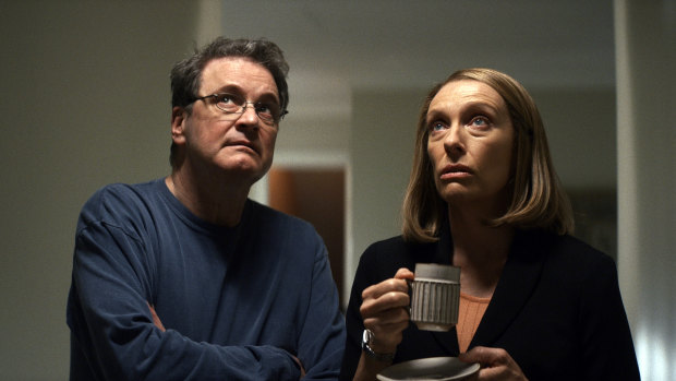 Colin Firth as Michael Peterson and Toni Collette as Kathleen in The Staircase.