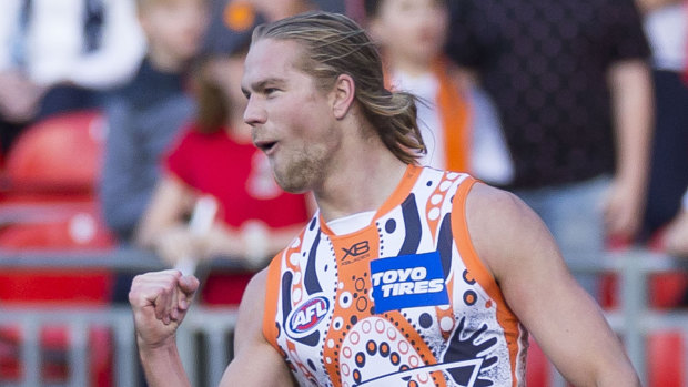 One-sided: Harrison Himmelberg celebrates kicking another major for the Giants in Sydney.