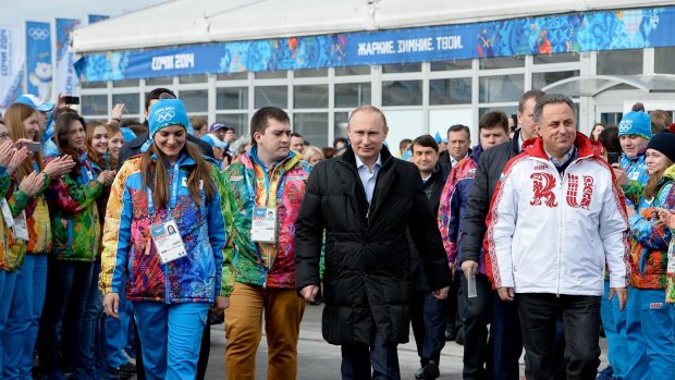 Russian President Vladimir Putin visits the Olympic Athletes Village at the Sochi 2014 Winter.