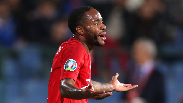 Raheem Sterling reacts during England's Euro 2020 qualifying win over Bulgaria in Sofia.