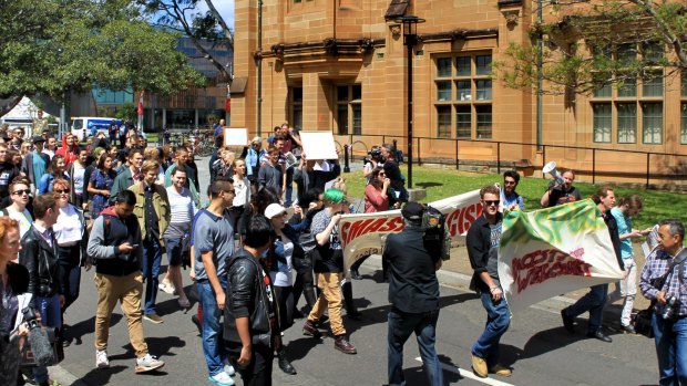 Students and staff opposed to a Ramsay Centre-funded course at Sydney University rally at the campus last month. 