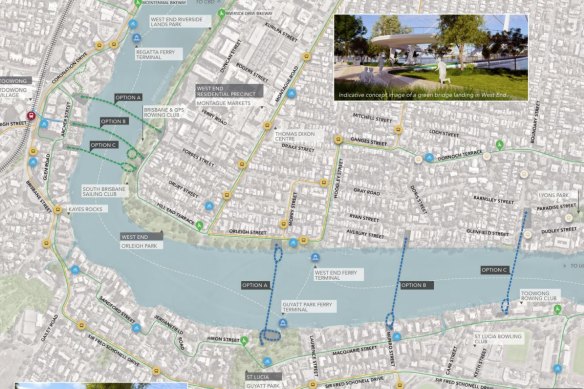 The two bridges between St Lucia and West End and Toowong and West End each have three options.