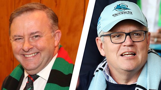 Anthony Albanese wears the red and green of the Rabbitohs versus Scott Morrison’s Sharks’ blue and white. We’ll know in May which leader, and which side of Sydney, emerges triumphant.