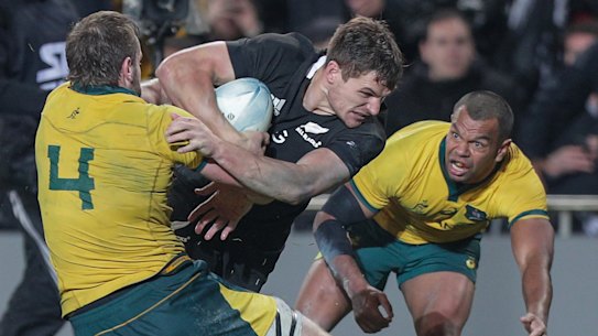 Questions remain: All Blacks debutant George Bridge beats Izack Rodda and Kurtley Beale to score at Eden Park.