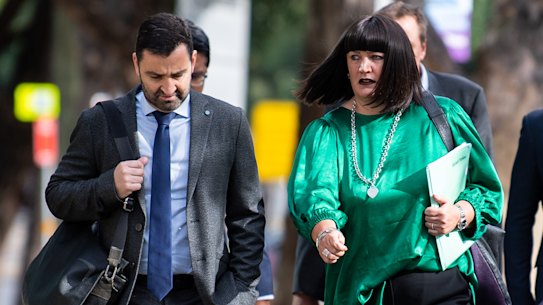 Gathering forces: NSW Waratahs CEO Andrew Hore and Rugby Australia CEO Raelene Castle arrive for the code of conduct hearing.